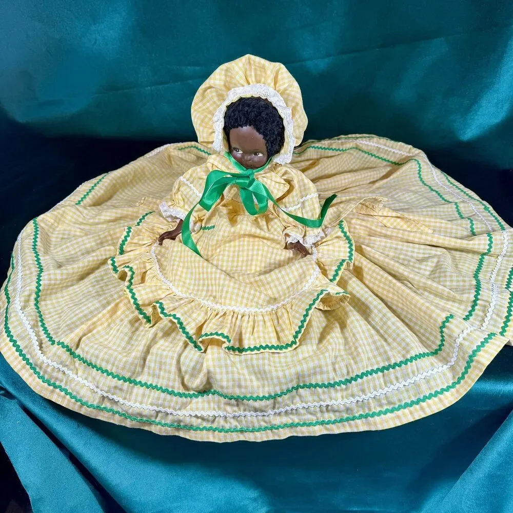 Vintage Handmade African American Doll Folk Art Decor Gingham Yellow Dress